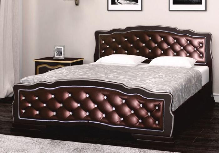Кровать двуспальная Карина-10 (СМ 140х200) с элементами экокожи, без основания с универсальными царг ( 140х200 , дерево/МДФ , орех темный бриллиант , без подъемного мех. , без ящиков , без матраса (Браво-мебель) )